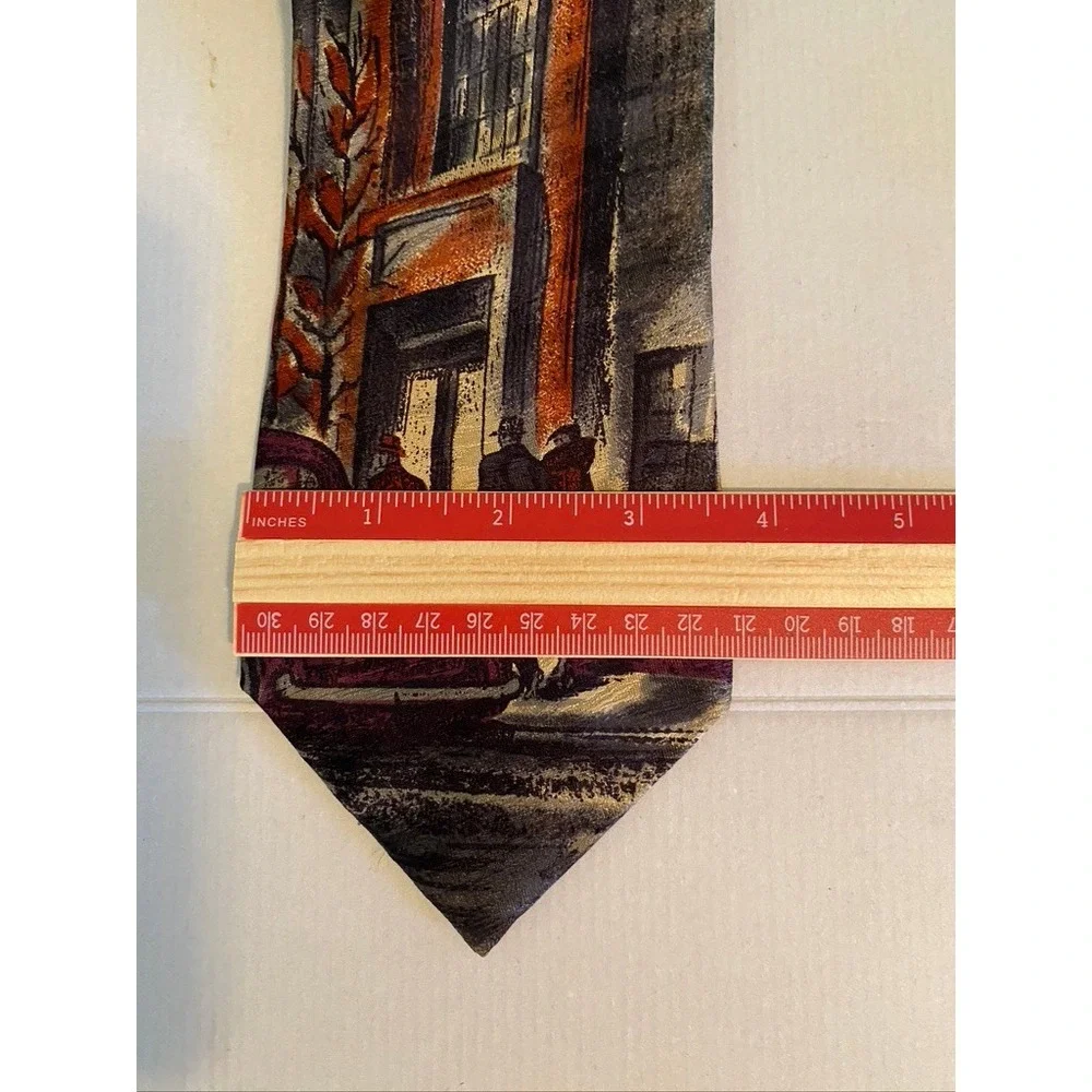 Bugatti Mens Silk Tie Italian Impressionist Street Scene Vintage Car Burgundy 4